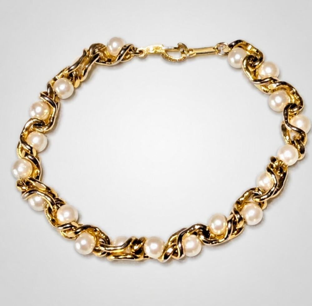 Vintage Faux Pearl Bracelet 7" White Gold-tone Twisted Links gbr-7